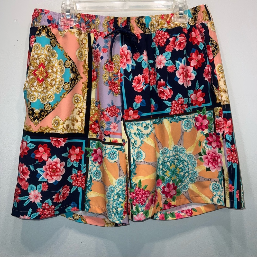 JOHNNY WAS Men Swim Trunk Multicolor Floral Summer Beach Mesh Lining Pocket  L